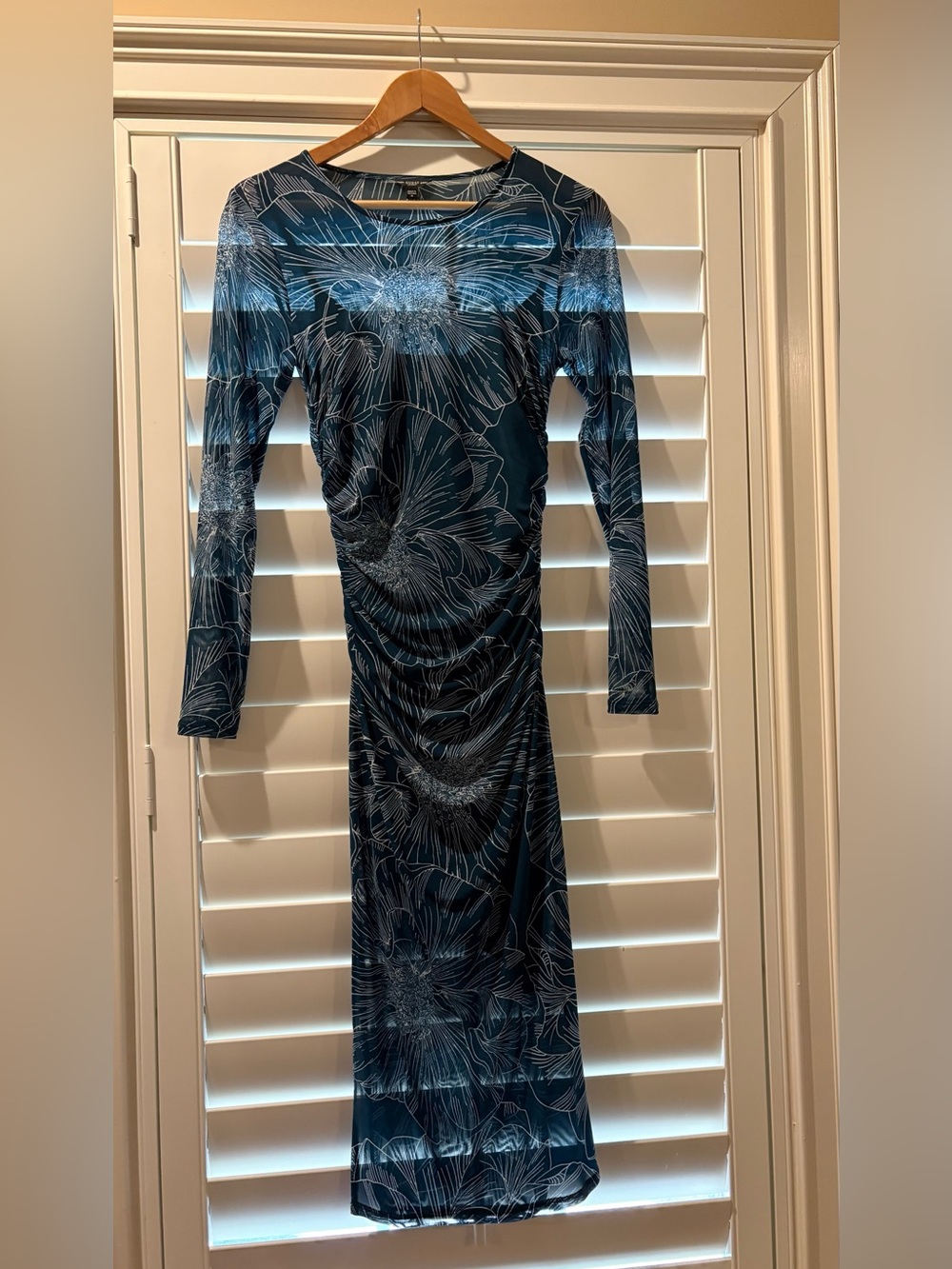 Guess Teal Floral Mesh Long-Sleeve Sheath Dress - Picture 3 of 8